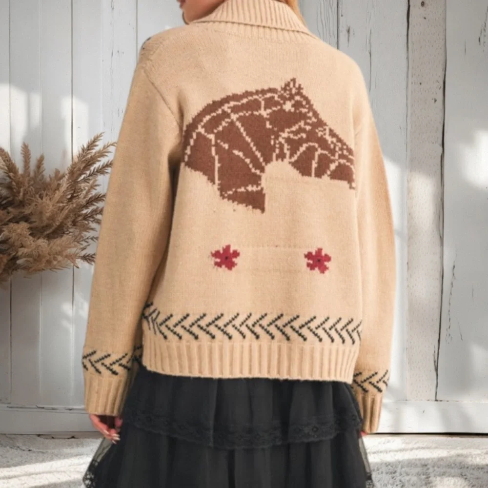 SOLD OUT Taupe Horse Floral Knit Zip Up Western Cardigan Sweater w/ Pockets - Picture 1 of 3